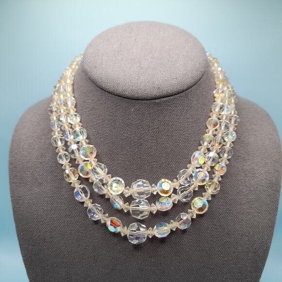 Vintage 1950s Aurora Borealis Crystal Three-Strand Necklace - 16 Inches - Picture 2 of 10